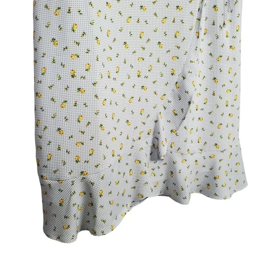 Loft Size 14 Dress Long Gingham Floral Flutter Sleeve Faux Wrap Ruffle Hem Lined - Picture 13 of 15